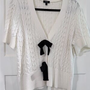 Express White Cable Knit Cardigan with Black Bow Details